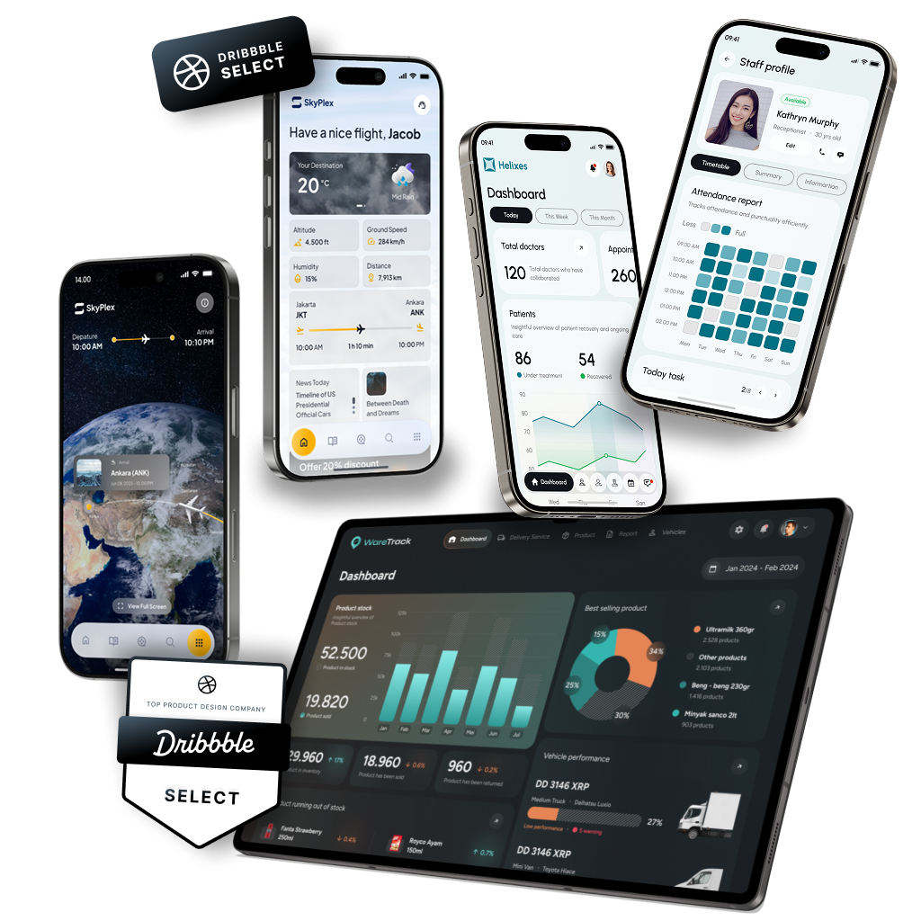 Phone and tablet device mockups showcasing Agensip product work